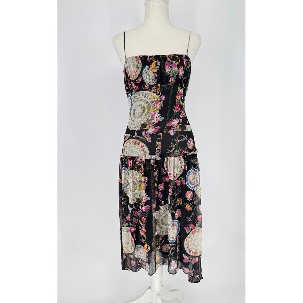 Vtg Y2K Cynthia Rowley 100% Silk Midi Dress 2 Black Floral Whimsigoth Coquette